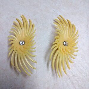 3 - 1/2" long Vtg large plastic spike earrings clip yellow rhinestone -